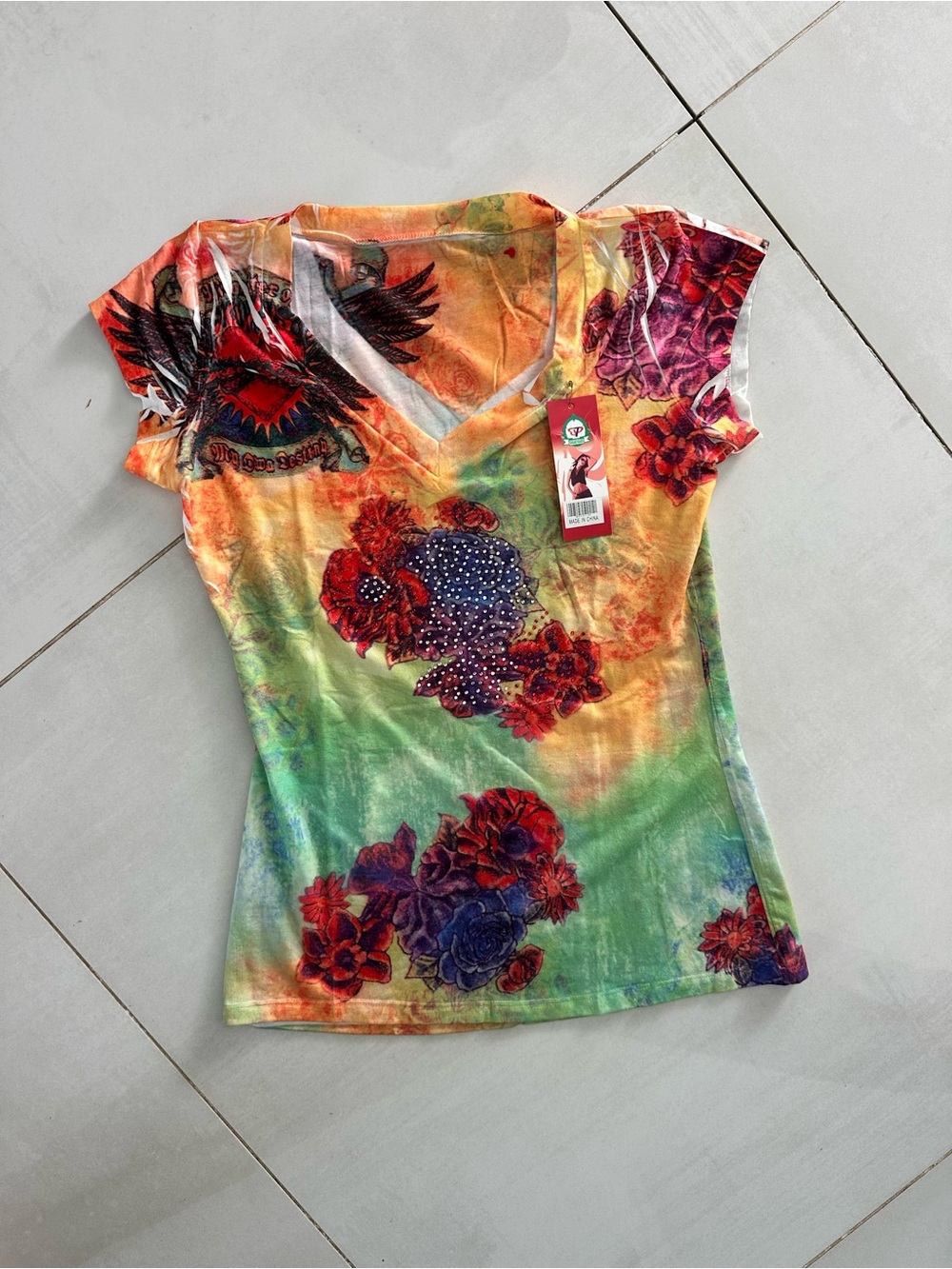 Women’s V-Neck Multicolor Floral & Graphic Tee